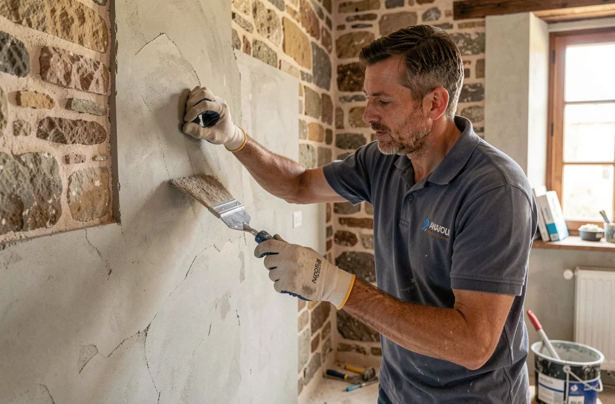 Artisan d'ADM Rénovation 49 appliquant du plâtre sur un mur intérieur en pierre d'une maison angevine