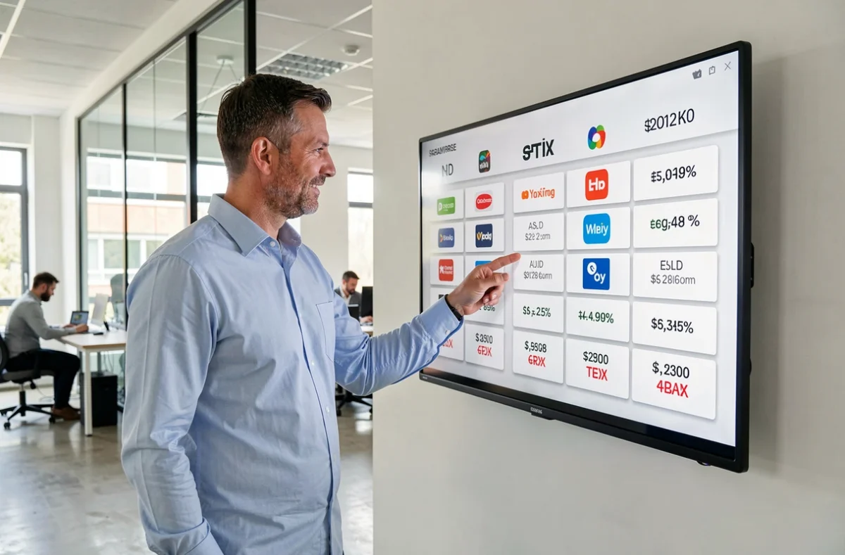 Agent immobilier présentant un tableau comparatif des prix de l'application lamaison360 face à ses concurrents dans une agence moderne