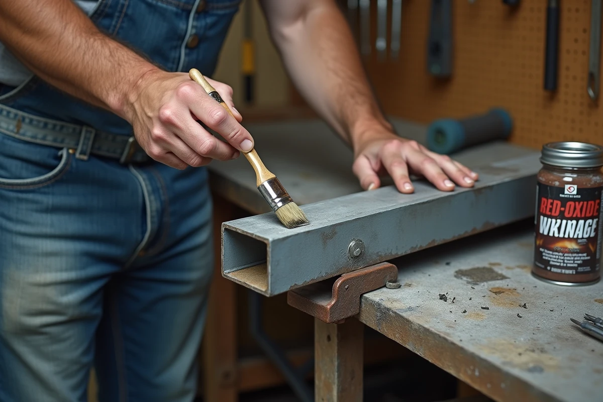 Artisan appliquant une couche d'apprêt antirouille sur un tube carré en fer dans un atelier