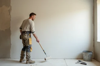 Carreleur appliquant une sous-couche d'accrochage sur un mur de salle de bain avant la pose de carrelage