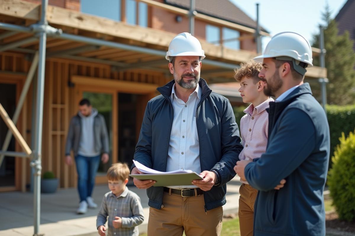 Architecte avec famille sur le chantier d une extension en construction