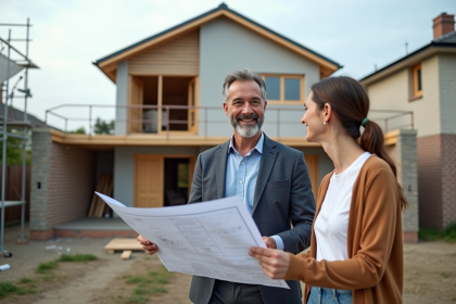 Architecte discutant avec un couple devant une extension de maison