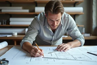 Architecte mesurant une surface sur un plan architectural avec une règle et un crayon sur une table à dessin professionnelle
