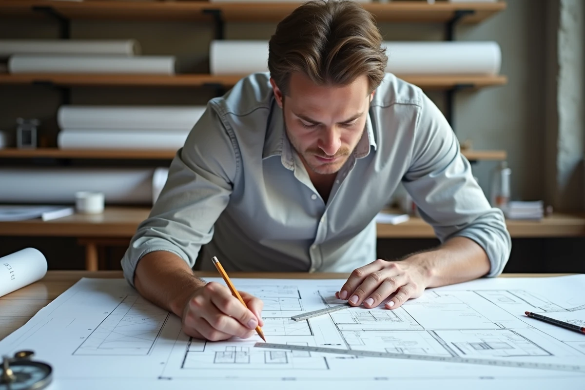 Architecte mesurant une surface sur un plan architectural avec une règle et un crayon sur une table à dessin professionnelle