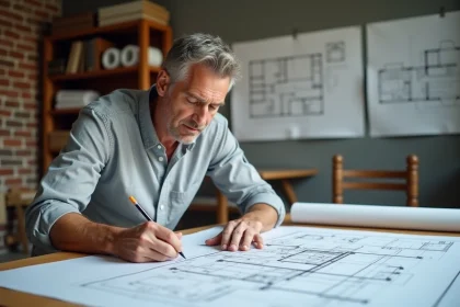 Architecte annotant un plan de maison avec les dimensions standards des chambres sur une table à dessin professionnelle