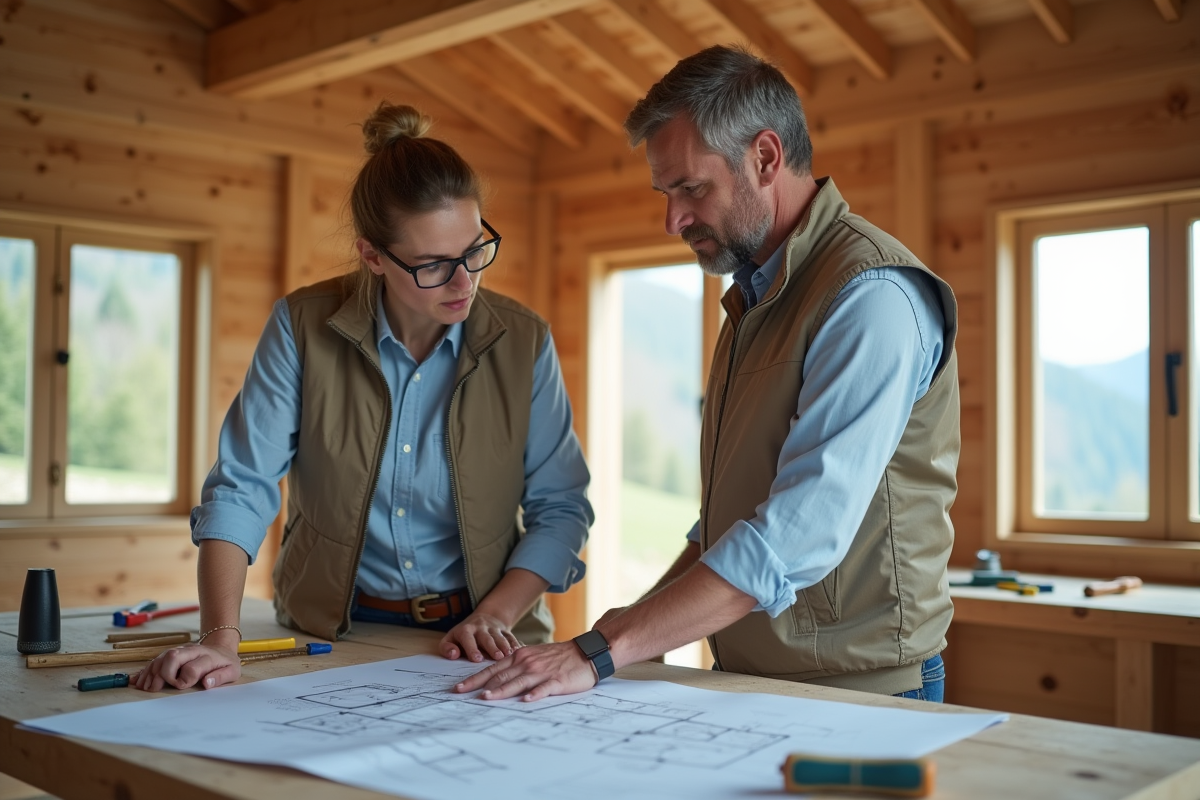 Architecte femme examine des plans de chalet dans un atelier en bois