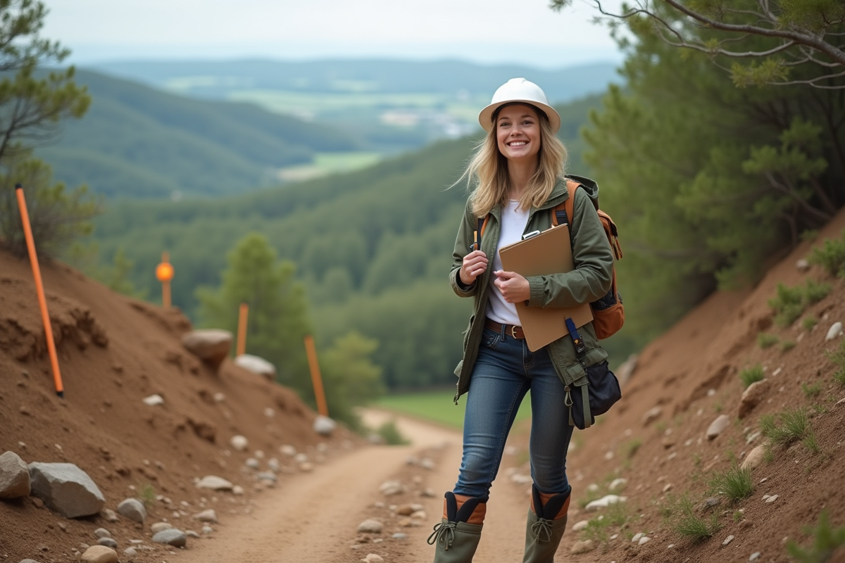 Jeune architecte souriante sur pente boisée avec plan et crayon