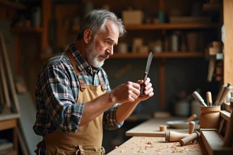 Artisan menuisier inspectant une gouge à bois en acier de qualité dans un atelier traditionnel