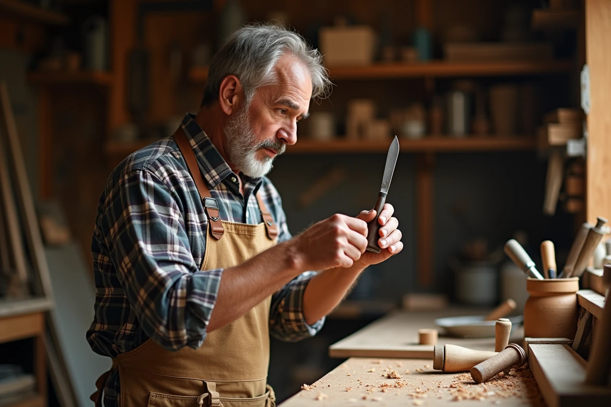Artisan menuisier inspectant une gouge à bois en acier de qualité dans un atelier traditionnel