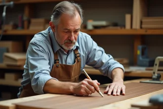 Artisan posant une fine feuille de noyer sur un bois