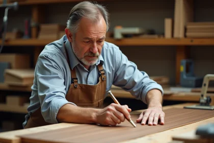Artisan posant une fine feuille de noyer sur un bois