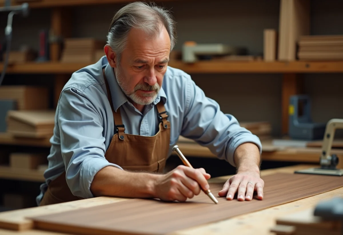Artisan posant une fine feuille de noyer sur un bois