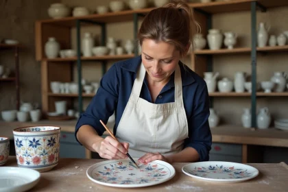 Artisane peignant à la main des motifs bretons sur une faïence dans l'atelier de la Faïencerie Henriot Quimper