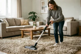 Femme utilisant un aspirateur puissant sur un épais tapis en laine beige dans un salon moderne