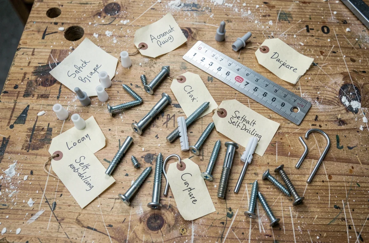 Assortiment de chevilles murales et fixations pour différents types de murs posées sur un établi en bois