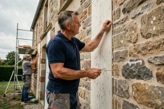 Auditeur énergétique inspectant l'isolation extérieure d'une maison en pierre lors d'une rénovation thermique en 2026