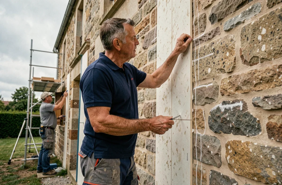 Auditeur énergétique inspectant l'isolation extérieure d'une maison en pierre lors d'une rénovation thermique en 2026