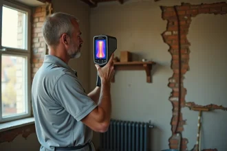 Auditeur thermique professionnel utilisant une caméra infrarouge pour détecter les déperditions énergétiques dans une maison ancienne