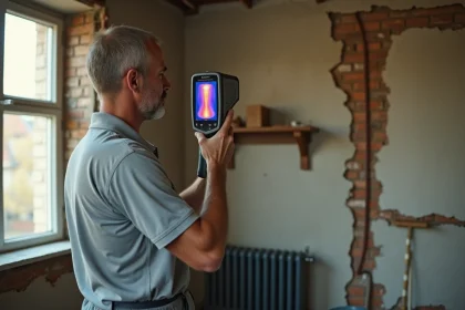 Auditeur thermique professionnel utilisant une caméra infrarouge pour détecter les déperditions énergétiques dans une maison ancienne