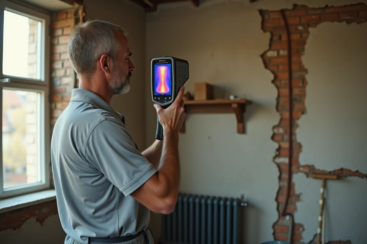 Auditeur thermique professionnel utilisant une caméra infrarouge pour détecter les déperditions énergétiques dans une maison ancienne