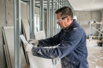 Ouvrier appliquant une bande armée placo sur une longue cloison en plaques de plâtre lors d'un chantier de rénovation intérieure