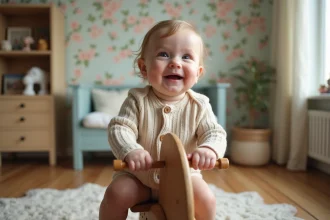 Bebe fille souriante sur un cheval en bois vintage