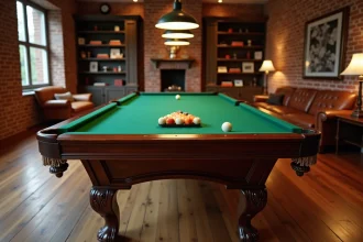 Billard américain taille réelle installé dans un grand salon avec parquet en bois et briques apparentes