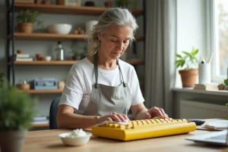 Femme nettoyant un clavier en plastique jauni avec une pâte blanchissante sur une table en bois
