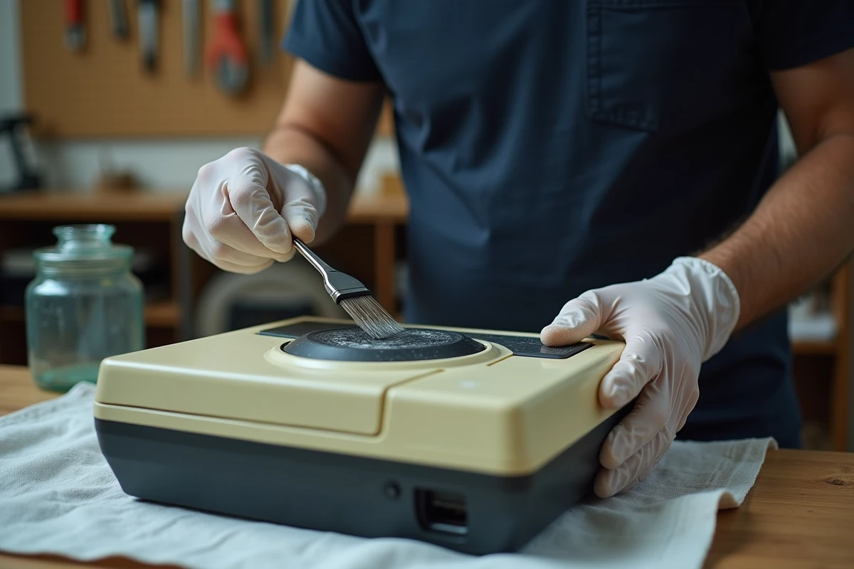 Homme appliquant une solution blanchissante sur une console de jeux rétro en plastique jauni dans un atelier