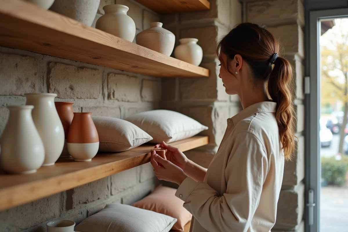 Intérieur de la boutique déco parisienne Maison Aimable avec objets artisanaux en céramique et bois sur étagères en chêne