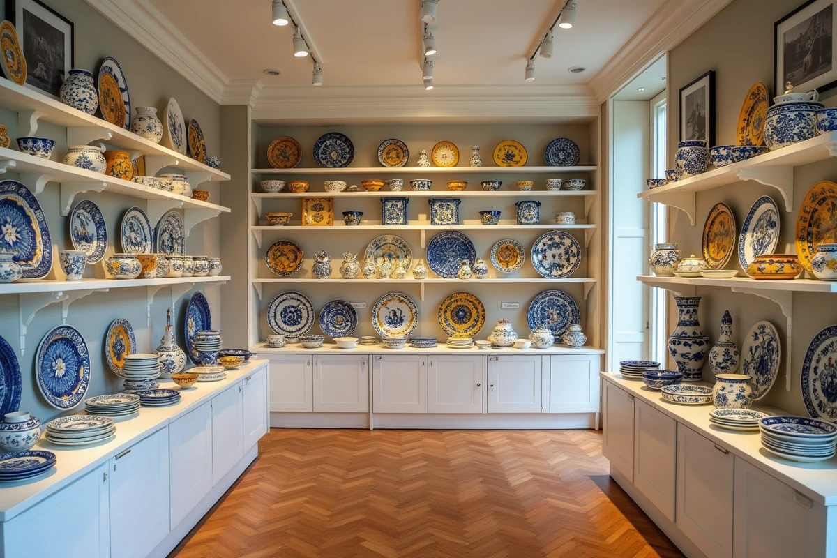 Boutique-musée de la Faïencerie Henriot Quimper avec ses étagères de faïences peintes aux motifs bretons traditionnels