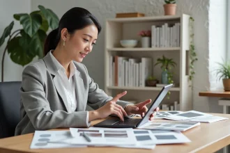 Femme architecte d'intérieur briefant une IA sur tablette entourée de planches d'ambiance et échantillons de matériaux