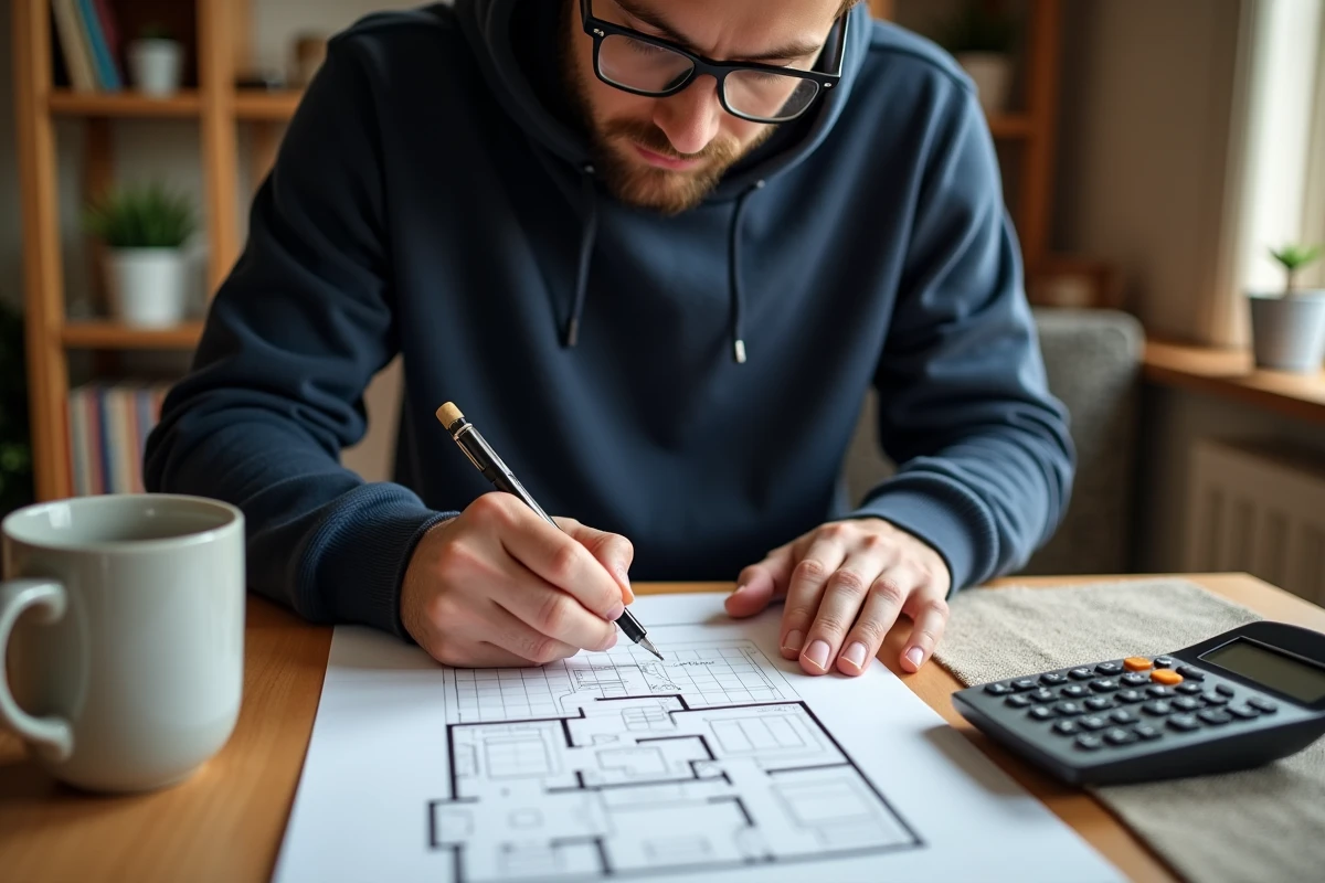 Étudiant calculant une surface de pièce sur du papier quadrillé avec un crayon, une calculatrice et un compas géométrique