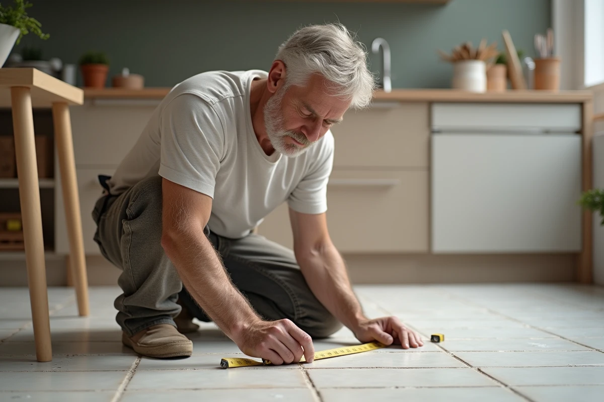 Carreleur au travail dans une cuisine moderne en train de mesurer