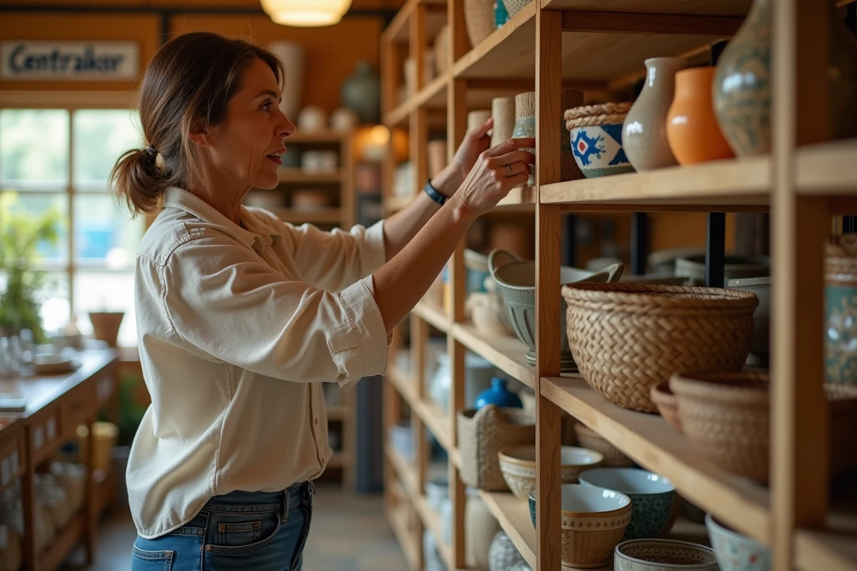 Femme parcourant le rayon décoration d'un Centrakor en zone rurale, avec une ambiance chaleureuse et des articles artisanaux