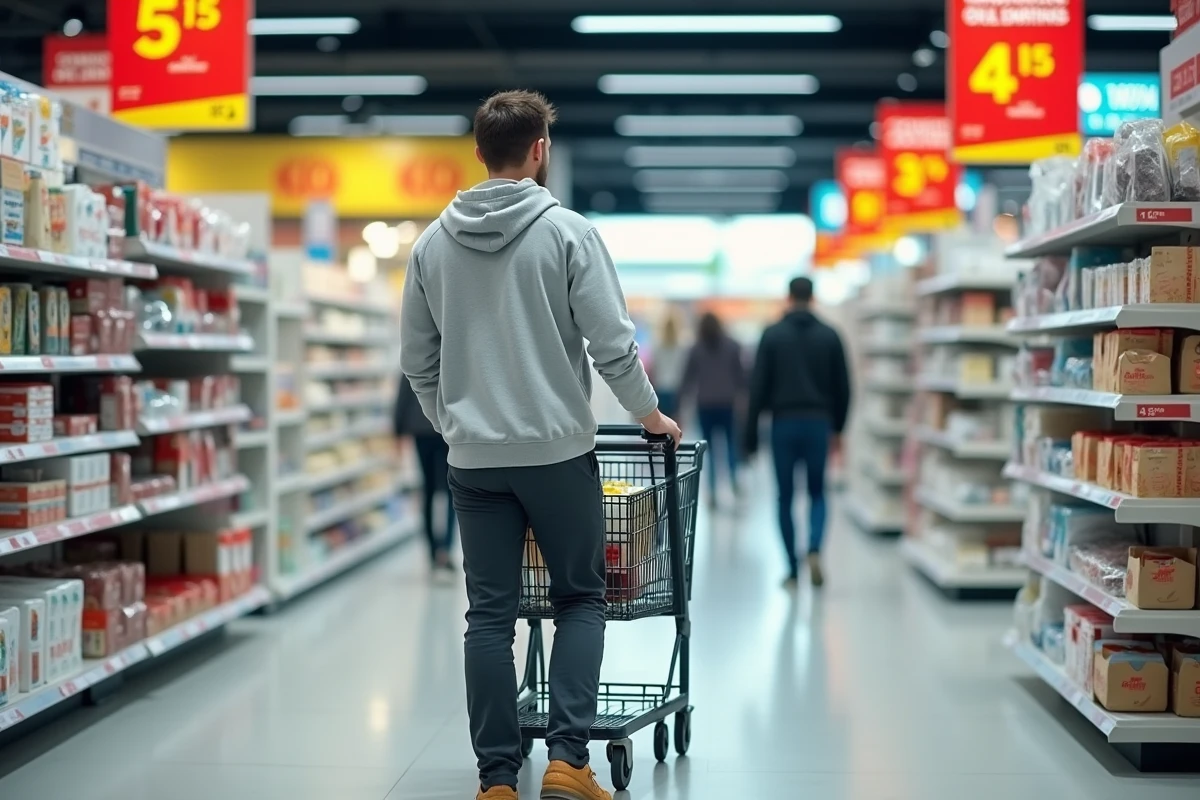 Jeune homme faisant ses courses dans un Centrakor urbain moderne, rayon cuisine et rangement bien achalandé