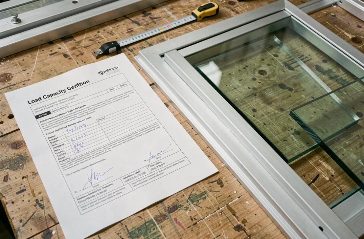 Documents de certification et échantillons de verre épais posés sur un établi pour vérifier les normes de charge d'une trappe cave