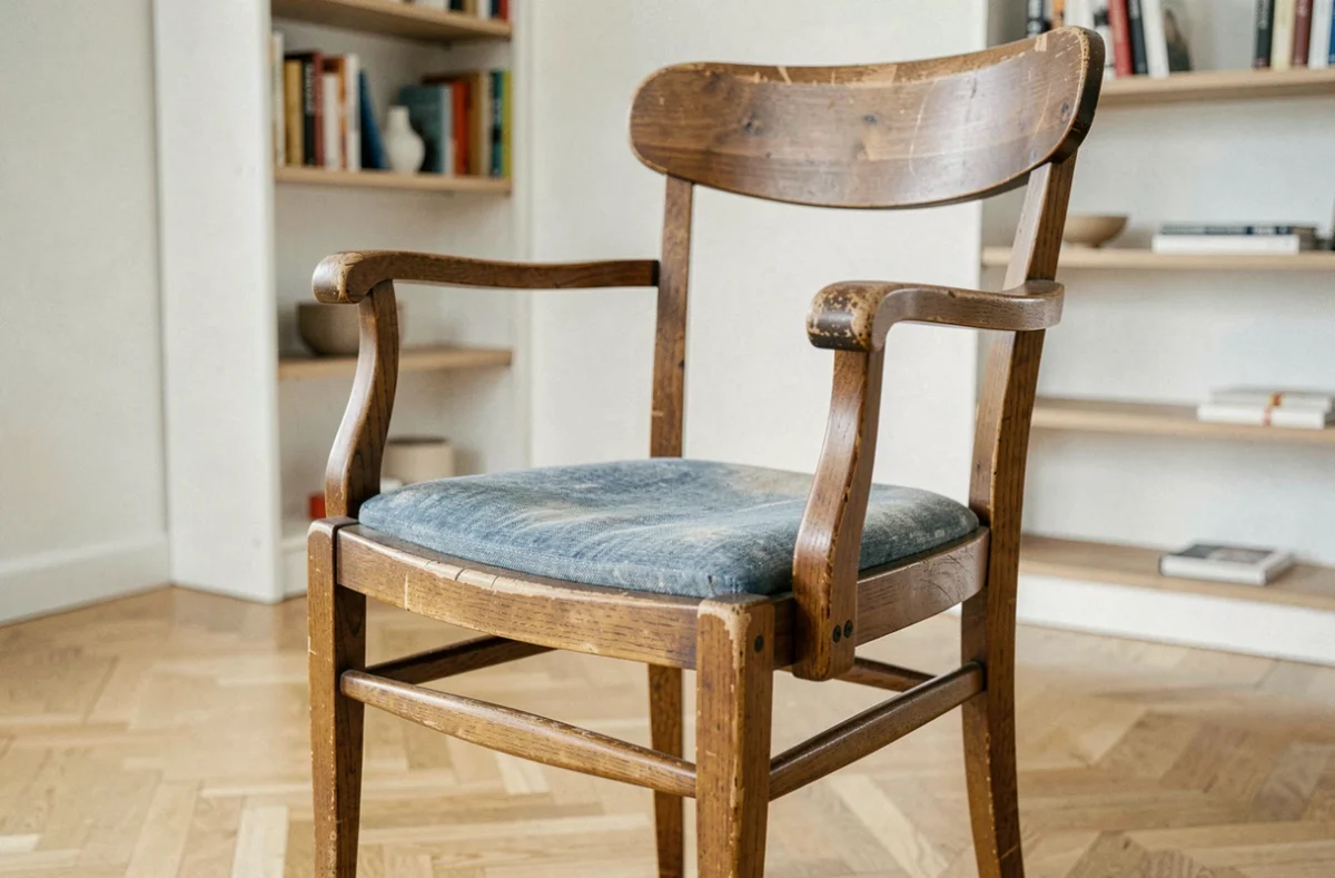 Chaise en bois vintage de marque en bon état posée dans un salon scandinave minimaliste, illustrant la durabilité des chaises d'occasion de qualité