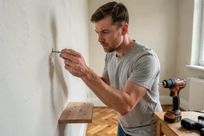 Homme insérant une cheville plastique dans un mur blanc d'un appartement en location pour fixer une étagère