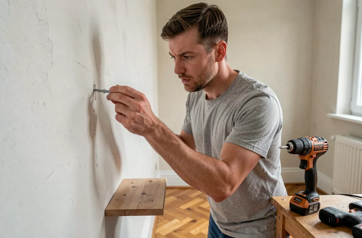 Homme insérant une cheville plastique dans un mur blanc d'un appartement en location pour fixer une étagère