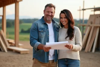 Chip et Joanna Gaines devant une ferme moderne en construction