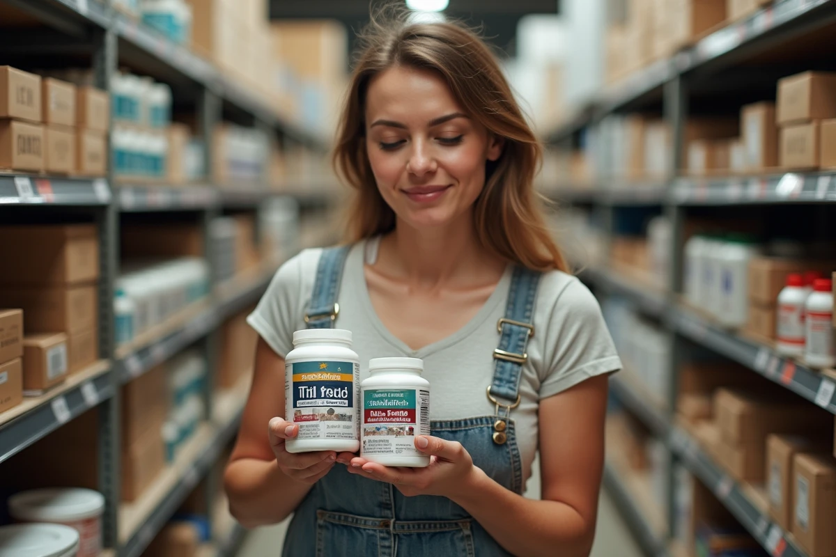 Femme comparant des produits de sous-couche pour carrelage mural en magasin de bricolage avant travaux salle de bain