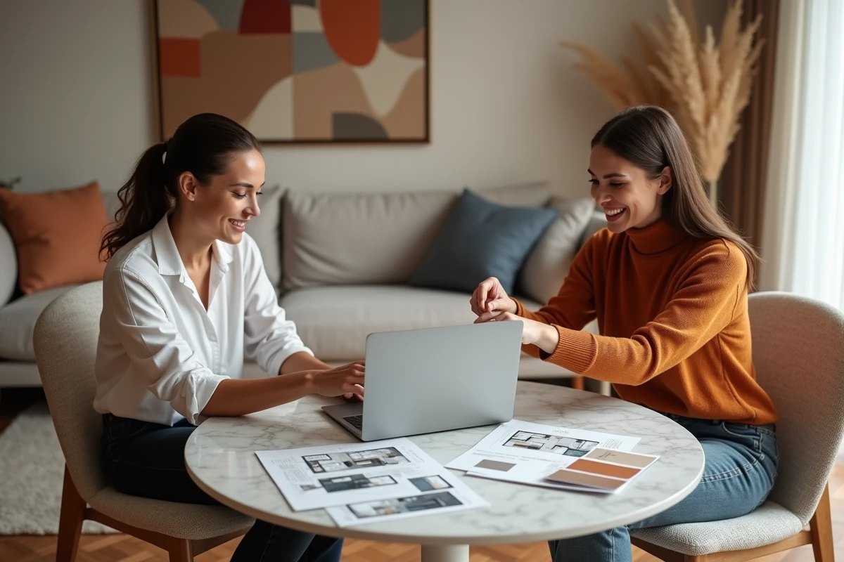 Deux femmes collaborant sur un logiciel d'IA d'aménagement intérieur avec échantillons de matières et plans sur une table en marbre