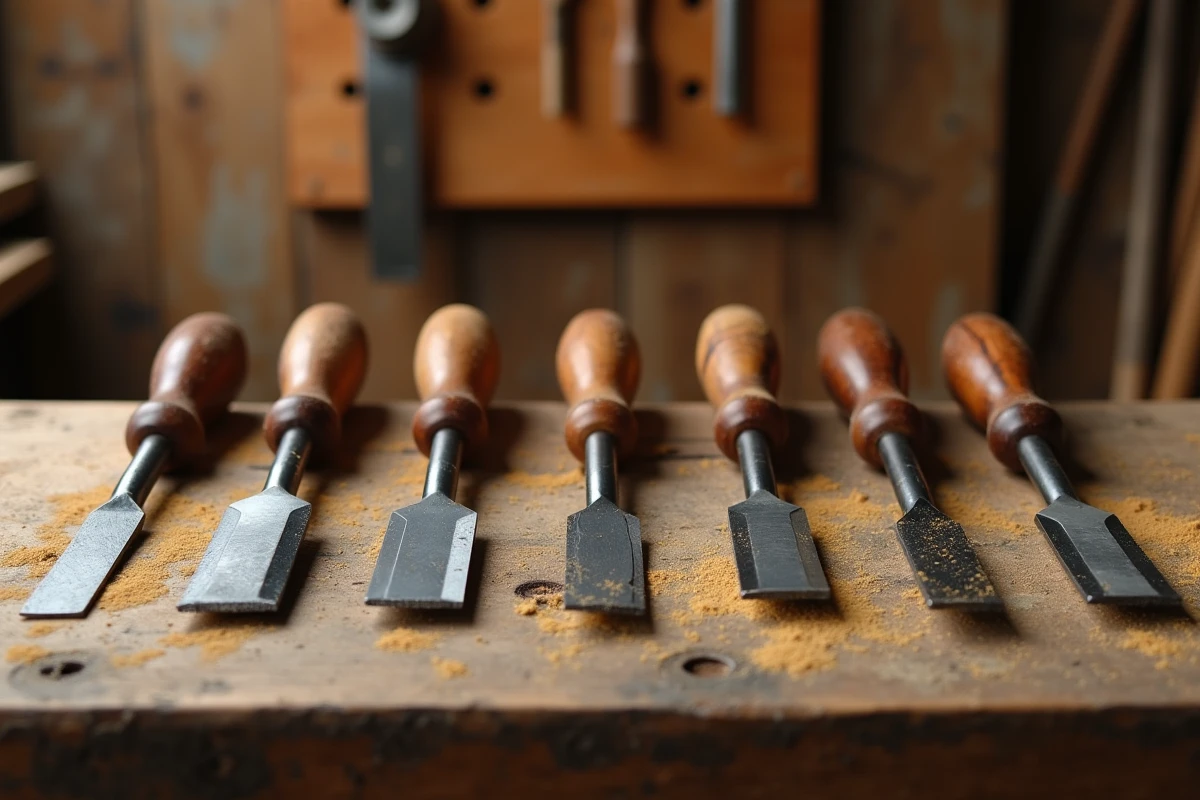 Collection de gouges à bois artisanales en acier de qualité disposées sur un établi en bois