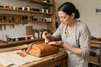 Femme artisane appliquant une coloration sur un sac en cuir tanné dans un atelier, geste précis pour éviter les auréoles