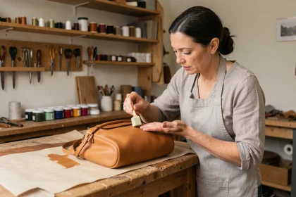 Femme artisane appliquant une coloration sur un sac en cuir tanné dans un atelier, geste précis pour éviter les auréoles