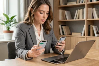 Femme comparant l'application mobile lamaison360 avec des applications concurrentes sur smartphone et tablette dans un bureau à domicile moderne