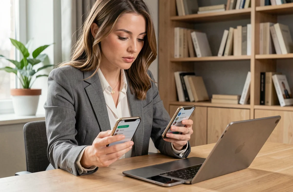 Femme comparant l'application mobile lamaison360 avec des applications concurrentes sur smartphone et tablette dans un bureau à domicile moderne