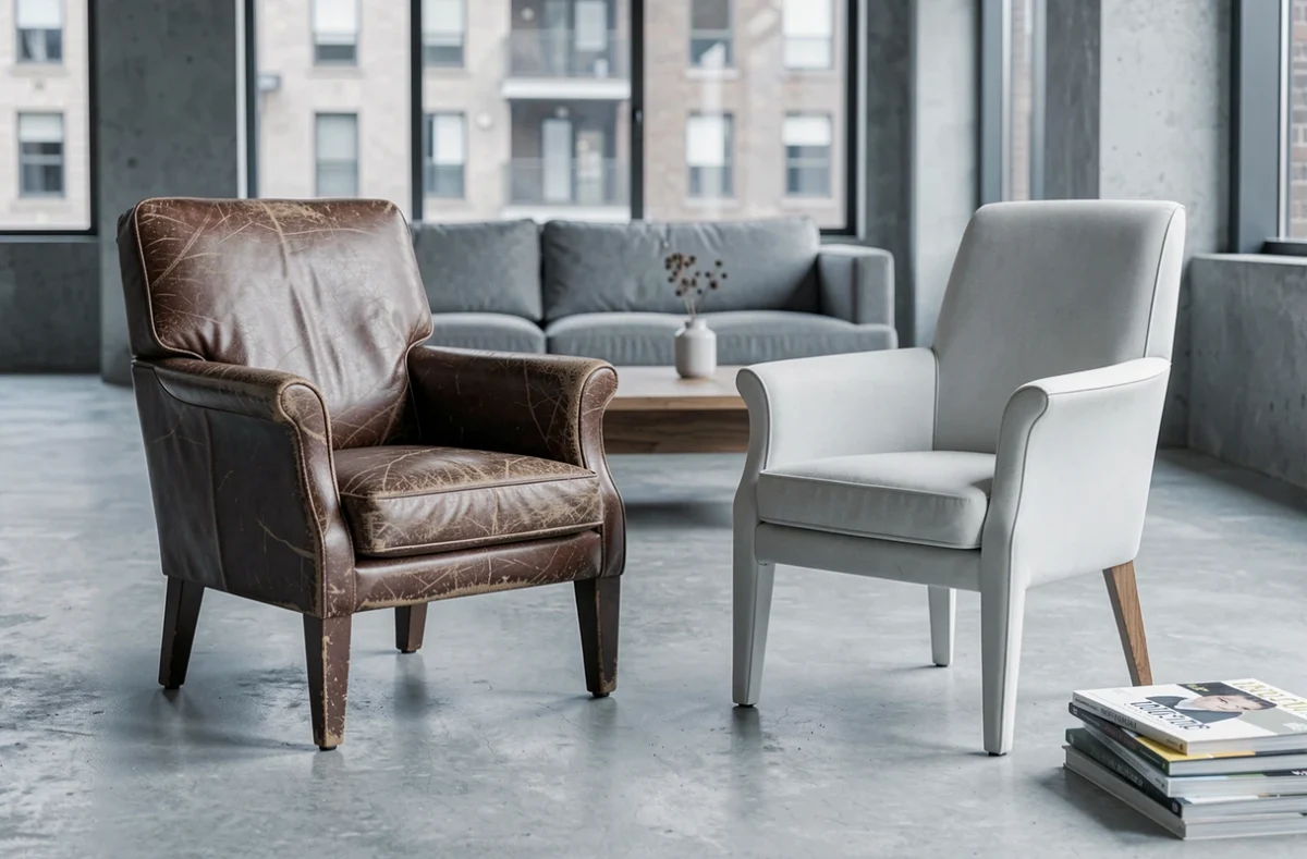 Comparaison côte à côte d'une chaise de marque d'occasion patinée et d'une chaise neuve dans un appartement contemporain, illustrant la longévité des meubles design
