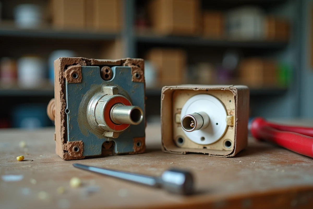 Comparaison entre une ancienne prise coaxiale usagée et un connecteur coaxial moderne sur un établi